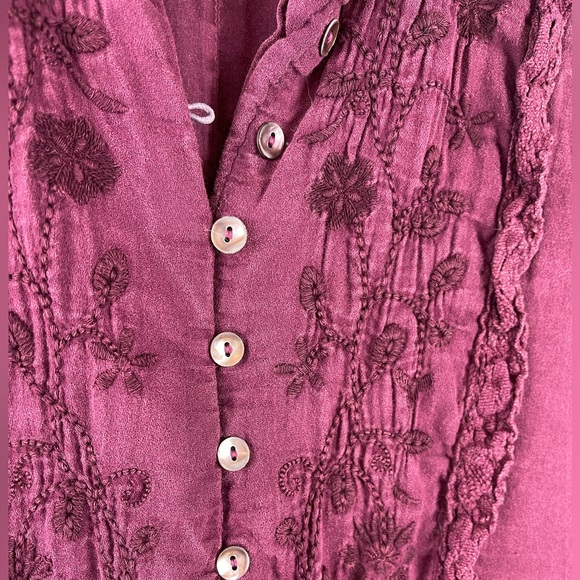 Bohemian Whimsigoth Cotton Fairy Tiered Dress Burgundy Buttons Lace Embroidery - Picture 6 of 9